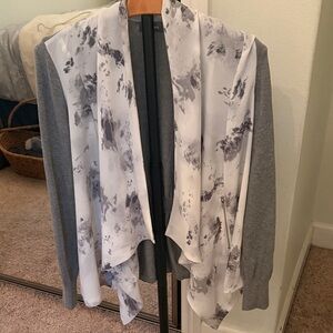 Neiman Marcus Gray Sweater Cardigan with White Printed Draped Overlay